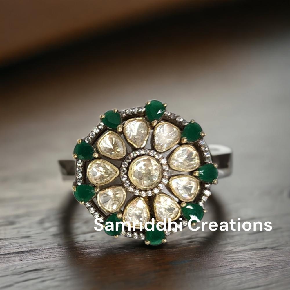 Polki Diamond Ring - 925 Sterling Silver, 1.50 Inch Diameter, 14.800 Grams | Moissanite & Emerald Gemstones, Skin-friendly, Handmade Heritage Design