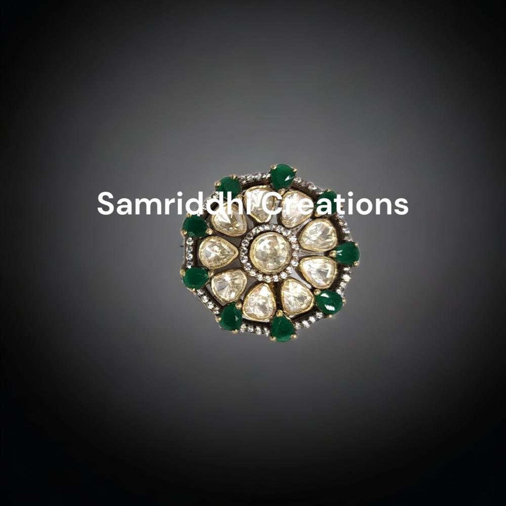 Polki Diamond Ring - 925 Sterling Silver, 1.50 Inch Diameter, 14.800 Grams | Moissanite & Emerald Gemstones, Skin-friendly, Handmade Heritage Design