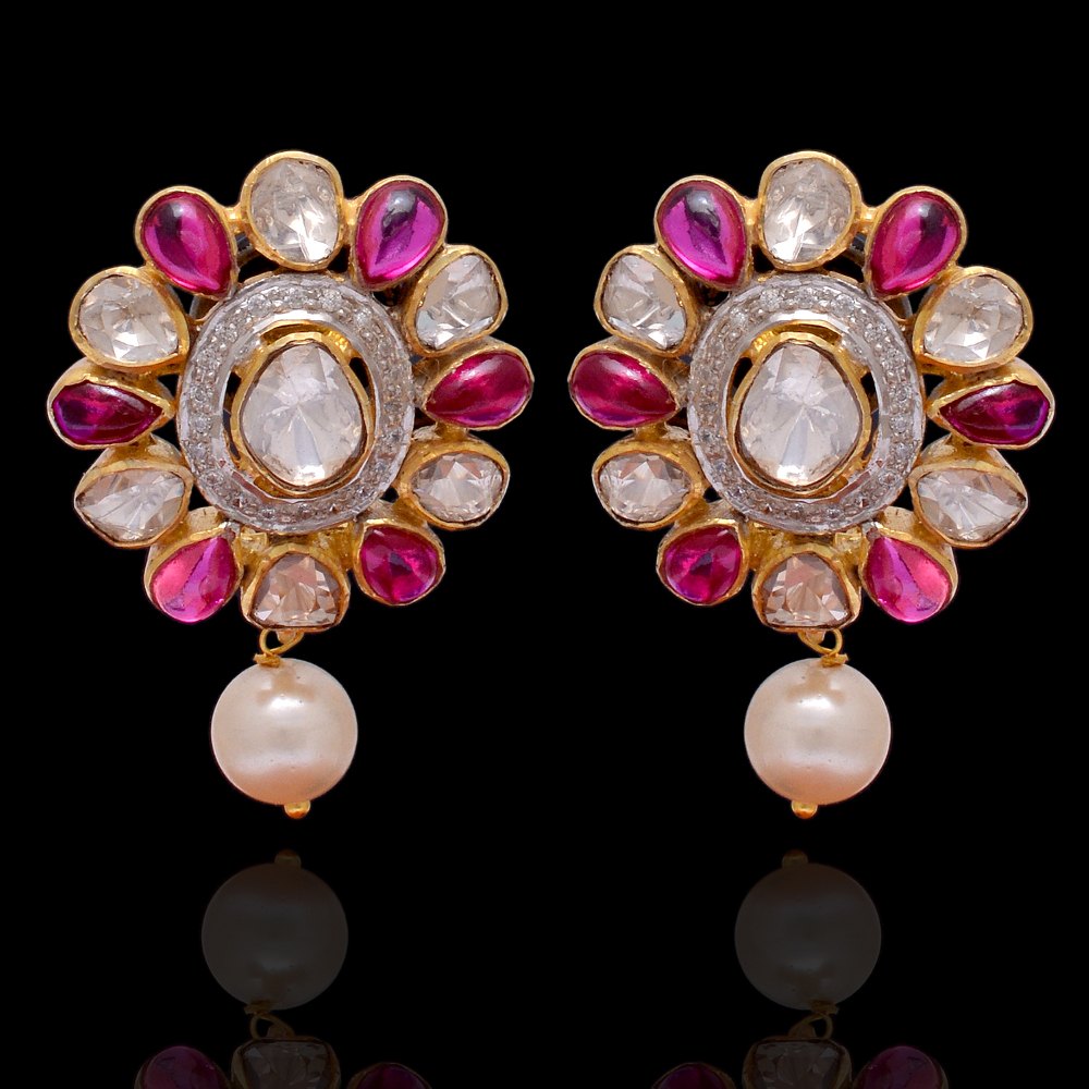 925 Sterling Silver Polki Gold Plated Studs Earrings With Ruby And Pearl