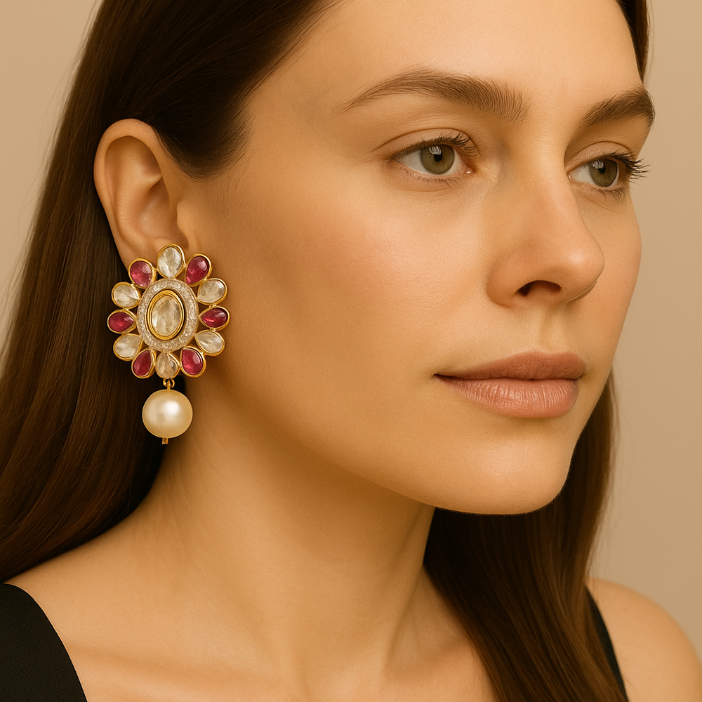 925 Sterling Silver Gold-Plated Stud Earrings with Moissanite Polki & Imitation Ruby | 1.25 Inch Designer Jewelry from Jaipur