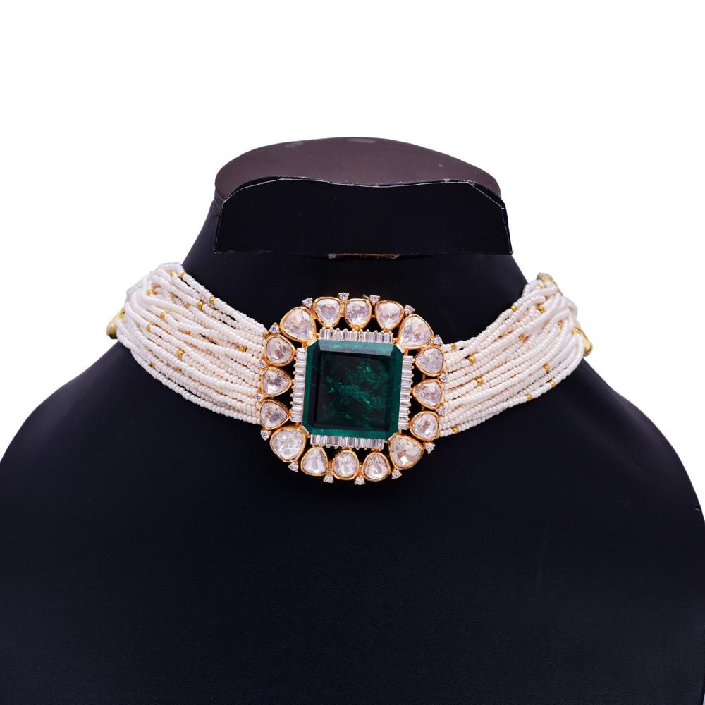 Designer Emerald Choker Necklace, Moissanite Necklace, 925 Sterling Silver Necklace