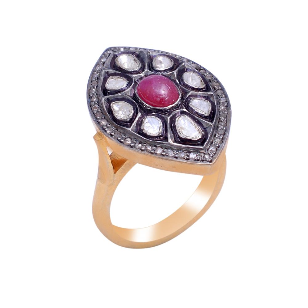 Ruby Diamond Polki Sterling Silver Ring - 0.40 Carat Natural Diamonds, 0.56 Carat Rose Cut Diamonds, Vibrant Ruby Cabochon Accent | Custom Size Options Available
