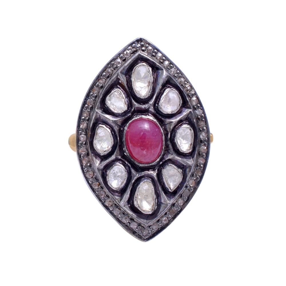 Ruby Diamond Polki Sterling Silver Ring - 0.40 Carat Natural Diamonds, 0.56 Carat Rose Cut Diamonds, Vibrant Ruby Cabochon Accent | Custom Size Options Available