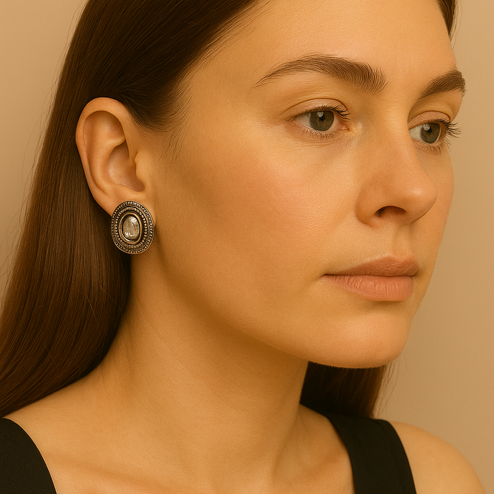 925 Sterling Silver Antique Polki Diamond Stud Earrings | Rose Cut Diamond Vintage Jewelry for Women | Handcrafted in Jaipur