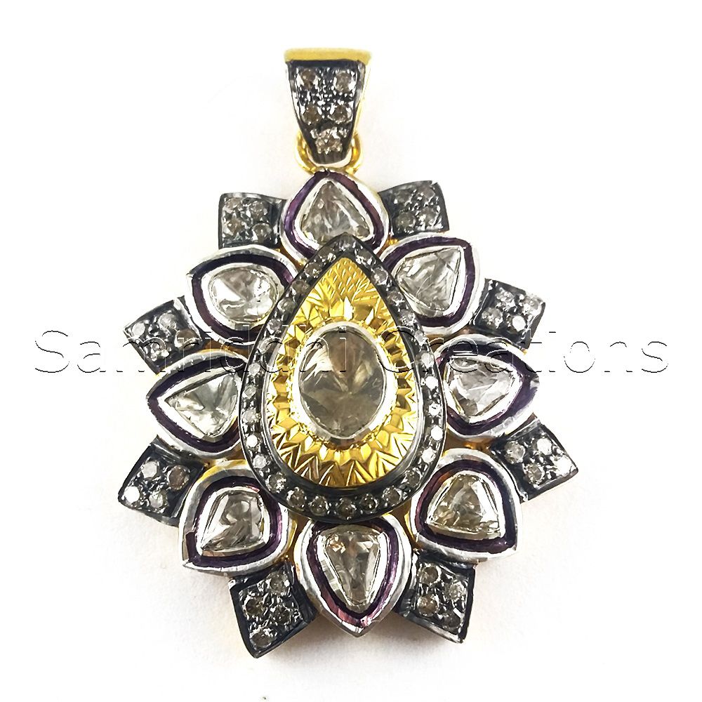 Rose Cut Diamond Silver Pendant - 925 Sterling Silver With Gold Plating, 75mm Size, 1.40 Carats Of Fine Diamonds, 2.20 Carats Of Rose Cut Diamonds, Pave Setting