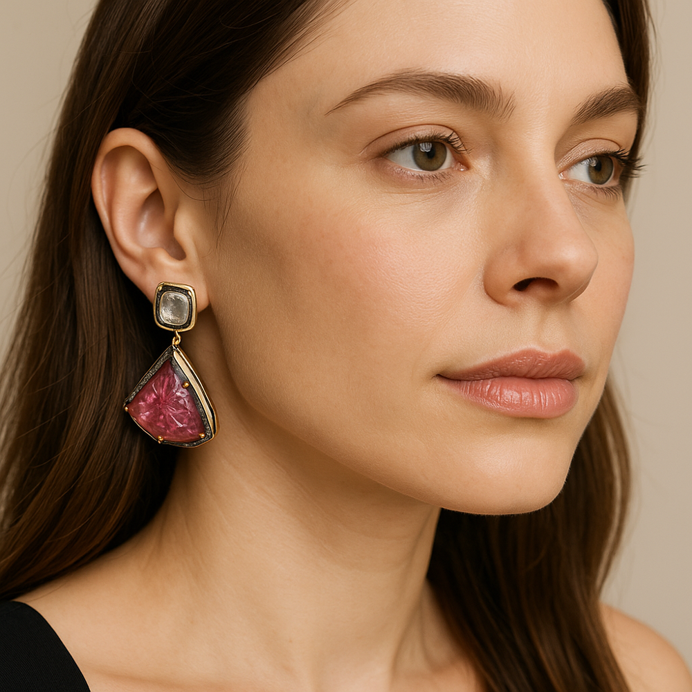 925 Sterling Silver Rubylite Engraved Earrings with Rose Cut & Dark Polki Diamonds | Wedding & Bridal Jewelry Handmade in Jaipur