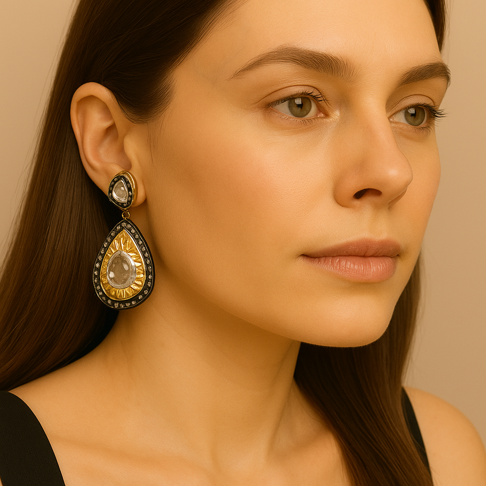 925 Sterling Silver Polki Diamond Earrings | Rose Cut Diamond Studs with Yellow Gold Polish | Handmade Antique Jewelry for Women