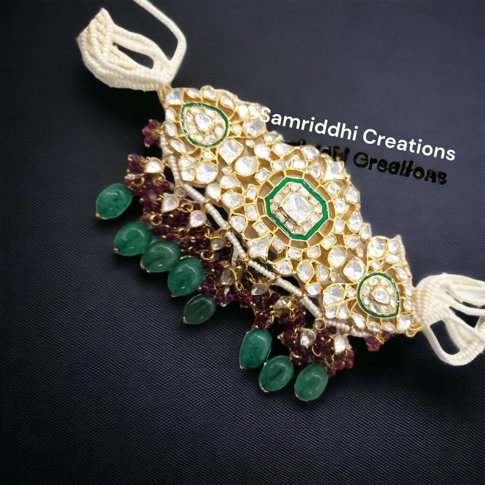 Ruby Emerald Necklace With Polki - 92.500 Grams 925 Sterling Silver, Dazzling Moissanite, Ruby & Green Quartz Accents, Antique Gold-plated Finish