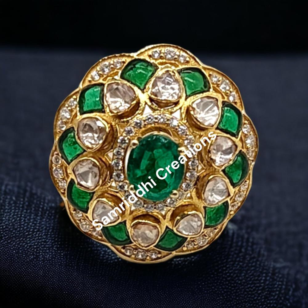 Emerald Polki Ring - 925 Sterling Silver, 1.80 Inches Length, Antique Gold Plated, Moissanite & Lab-made Emerald Gemstones, Timeless Elegance