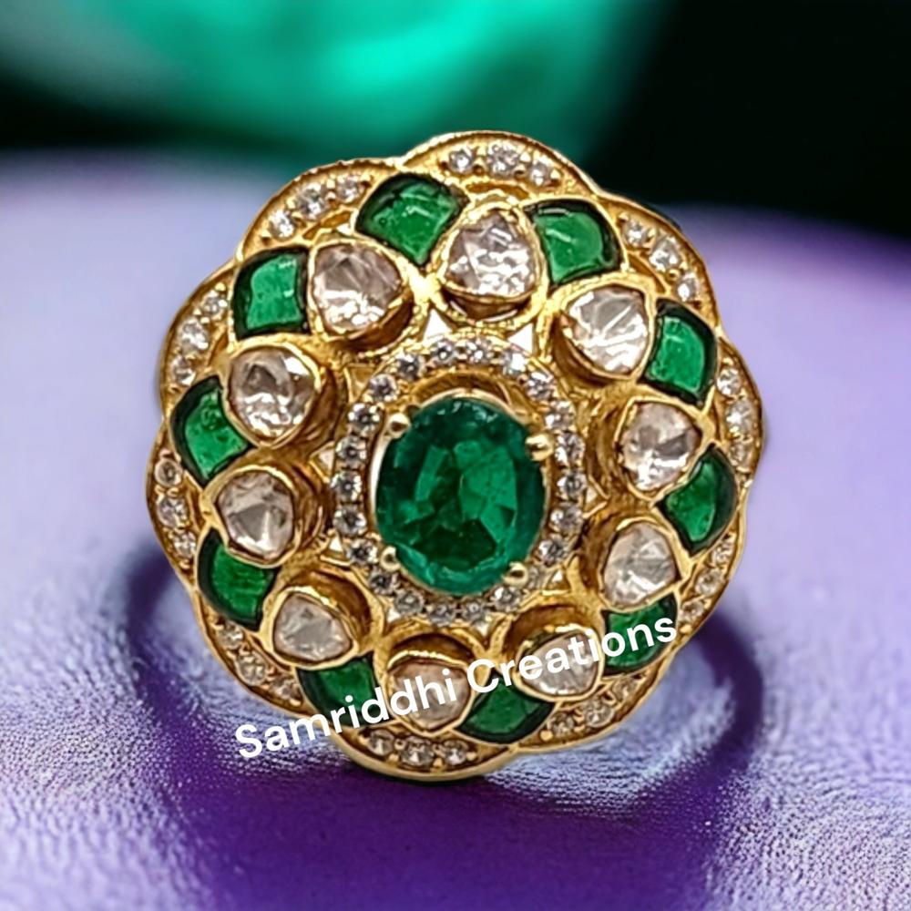Emerald Polki Ring - 925 Sterling Silver, 1.80 Inches Length, Antique Gold Plated, Moissanite & Lab-made Emerald Gemstones, Timeless Elegance