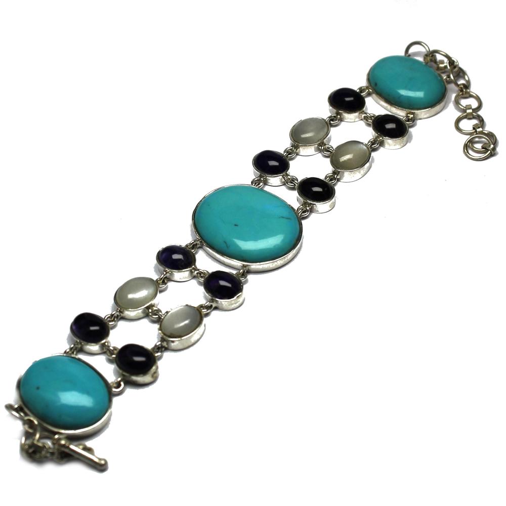 Multi Stone Silver Bracelet - 31.40g | Genuine Turquoise, Rainbow Moonstone, Amethyst, Brilliant Ad Stones, Modern Design, Versatile Elegance