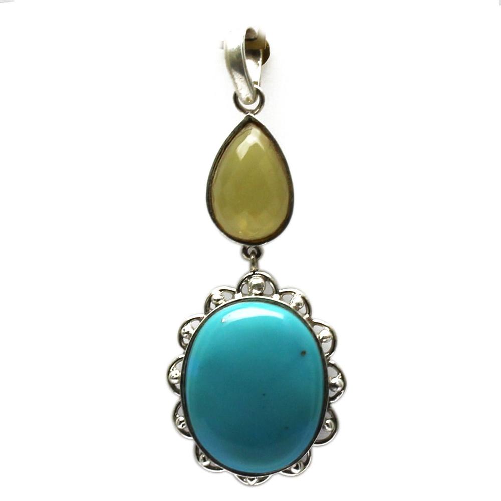 Turquoise & Citrine Pendant - 6.100g 925 Sterling Silver, 23.20 Carats Of Turquoise & Natural Citrine, 65mm Length, Eye-catching Design