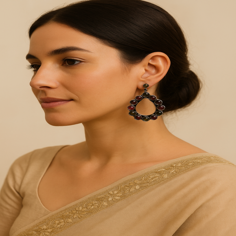 925 Sterling Silver Tourmaline Earrings | Handmade Oxidized Antique Jewelry with Natural Multi Color Stones for Women