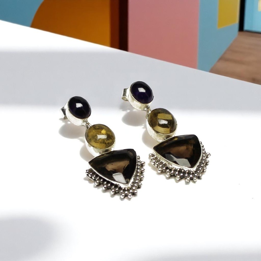 925 Sterling Silver Bezel Setting Earrings with Multi Tourmaline Cabochons | Ethnic Handmade Semi-Precious Stone Jewelry for Women