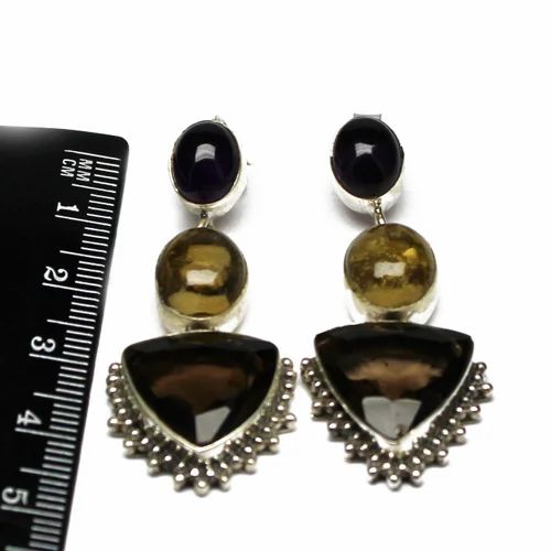 Bezel Setting Designer Semi Precious Sterling Silver Earring