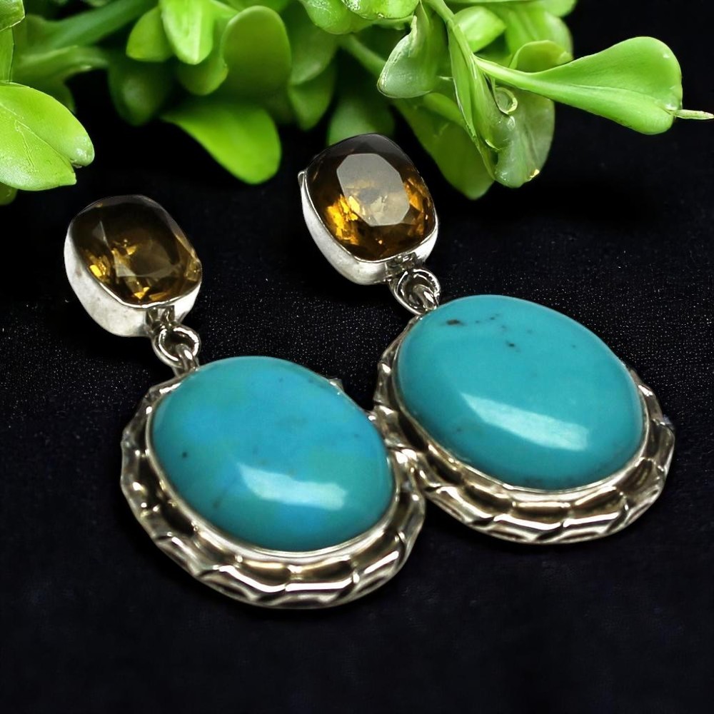 925 Sterling Silver Turquoise Earrings with Bear Quartz | Handmade Simulated Turquoise Jewelry for Women Ethnic & Western Wear