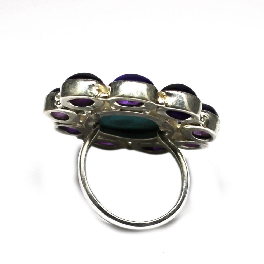 Big Cocktail Gemstone Silver Ring - 925 Sterling Silver, 9.800g Weight, Oval, 28.60 Carats Turquoise & Amethyst, High Polish Finish
