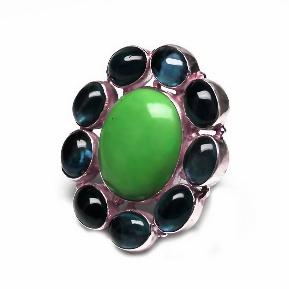 Big Cocktail Gemstone Silver Ring - 925 Sterling Silver, 9.800g Weight, Oval, 28.60 Carats Turquoise & Amethyst, High Polish Finish