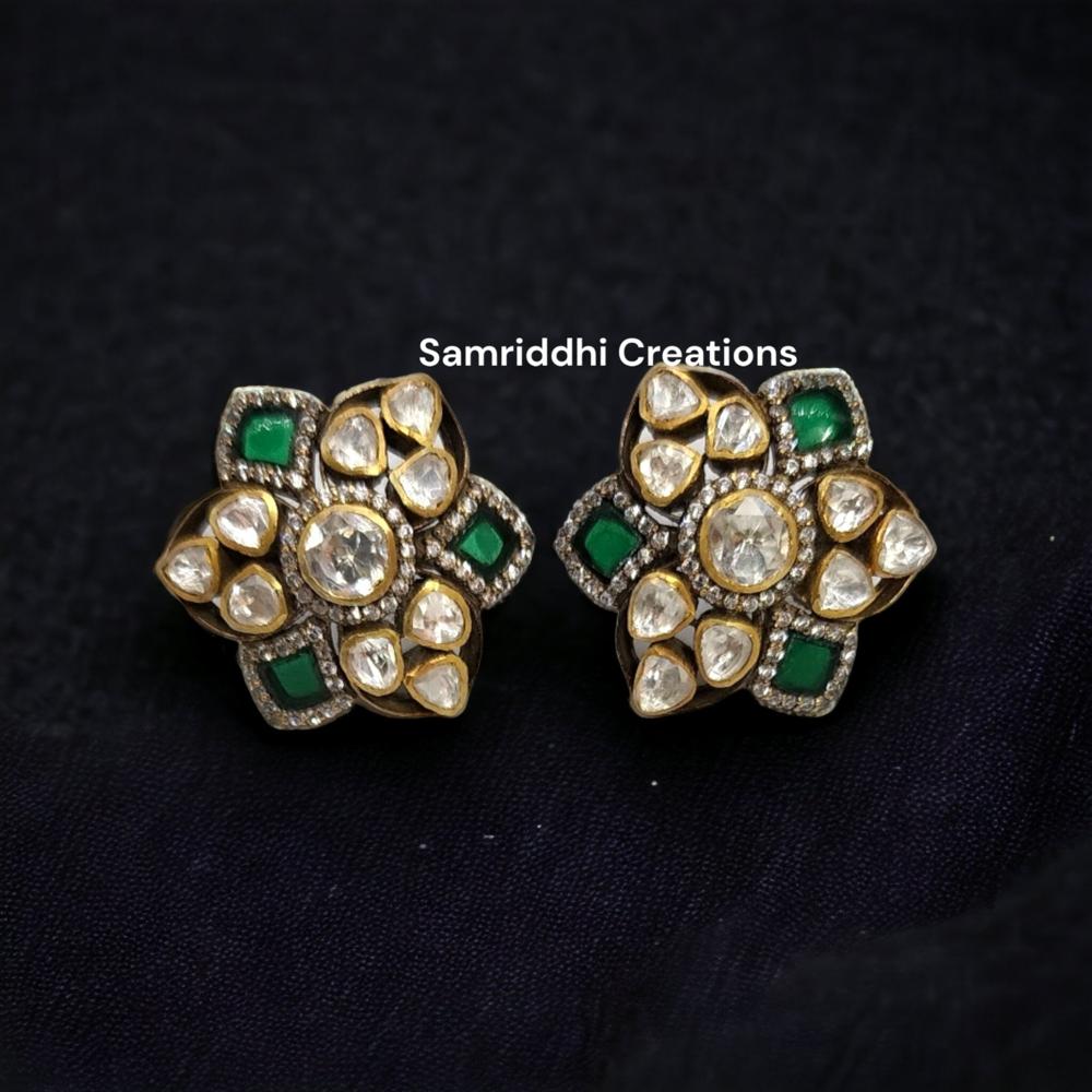 Polki Stud Earrings - 925 Sterling Silver, 1.20 Inches | Lab-created Moissanite, Choice Of Blue Sapphire, Ruby, Emerald, Screw Back Closure