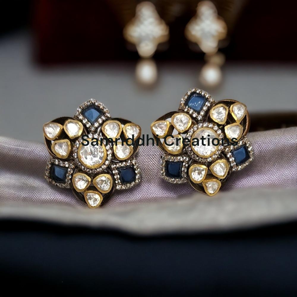 Polki Stud Earrings - 925 Sterling Silver, 1.20 Inches | Lab-created Moissanite, Choice Of Blue Sapphire, Ruby, Emerald, Screw Back Closure