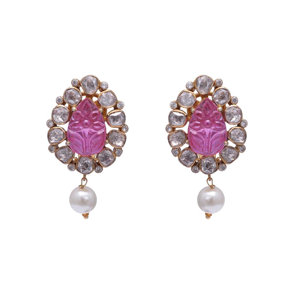 Designer Stud Earrings - 21.500g, Moissanite & Imitation Ruby, 1.50 Inches, White & Red, Luxurious Gold Plating, Secure Push Back Closure