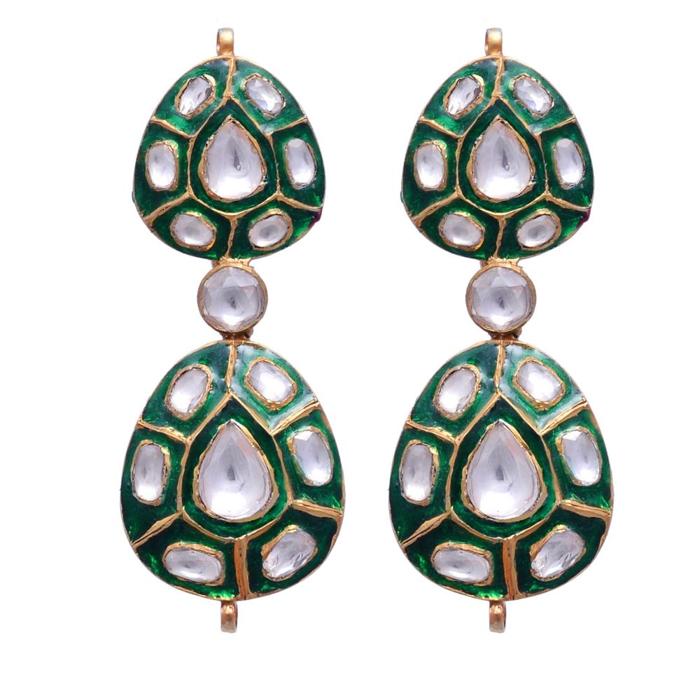 Green Meena Fine Earring Crafted in Sterling Silver With Polki