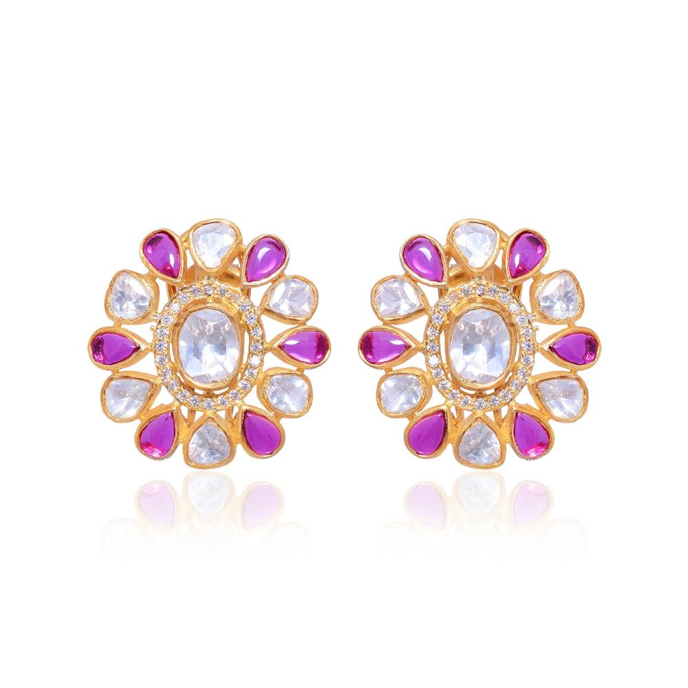 Ruby Earrings - Gold Plated Silver | 1.18 Inches, 16.300 Grams, Moissanite, Imitation Ruby, Zircon, Elegant Push-back Closure