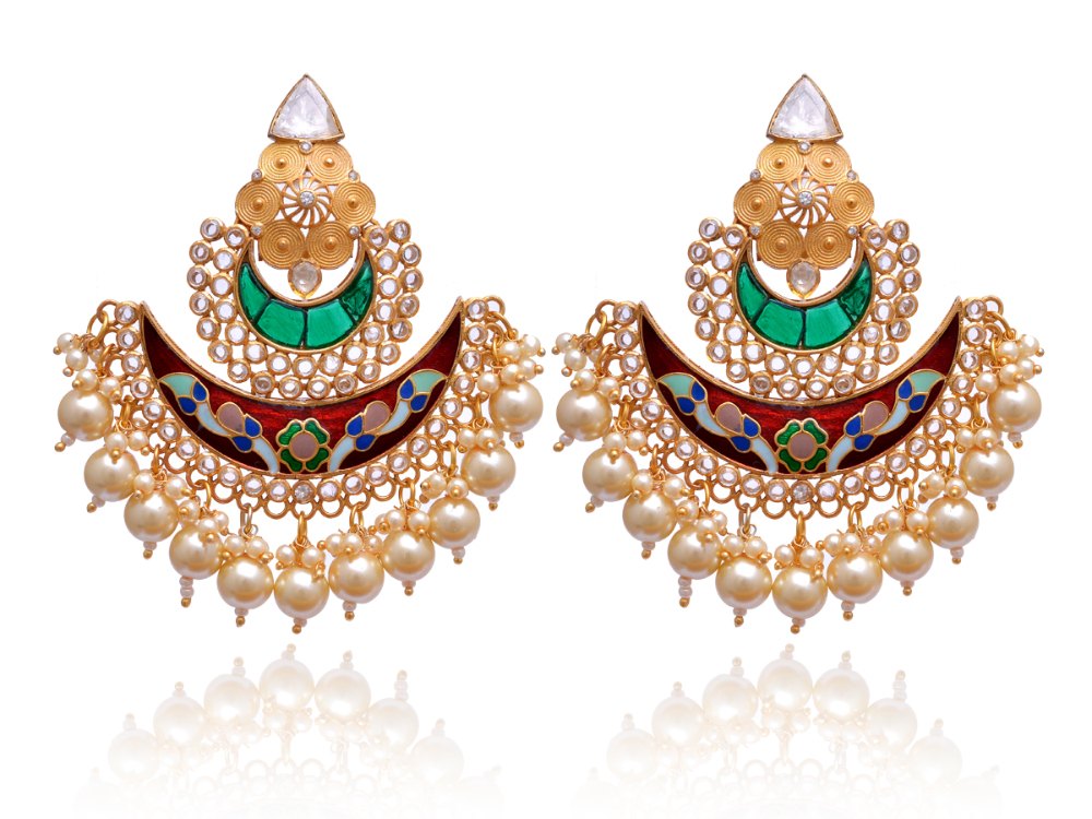 Enameled Moissanite Polki Earring in 925 Sterling Silver