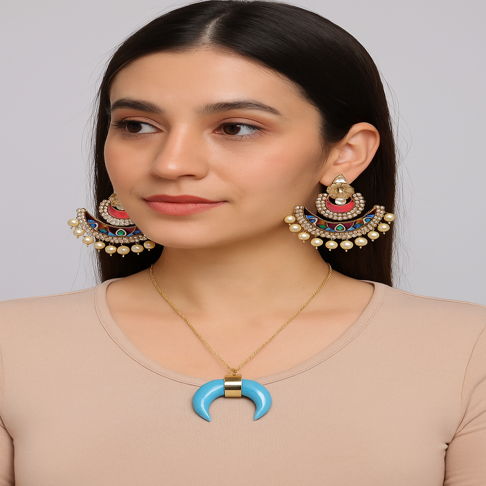 Enameled Moissanite Polki Earring in 925 Sterling Silver
