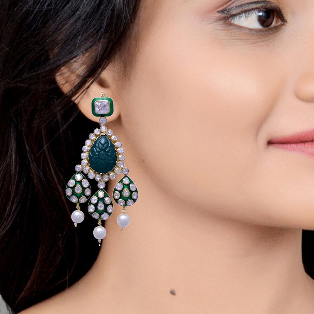 Designer Polki Fine Dangler Earring - 925 Sterling Silver, 3.80 Inches, Gold Plated | Mossanite Polki, Green Onyx, Intricate Enameling