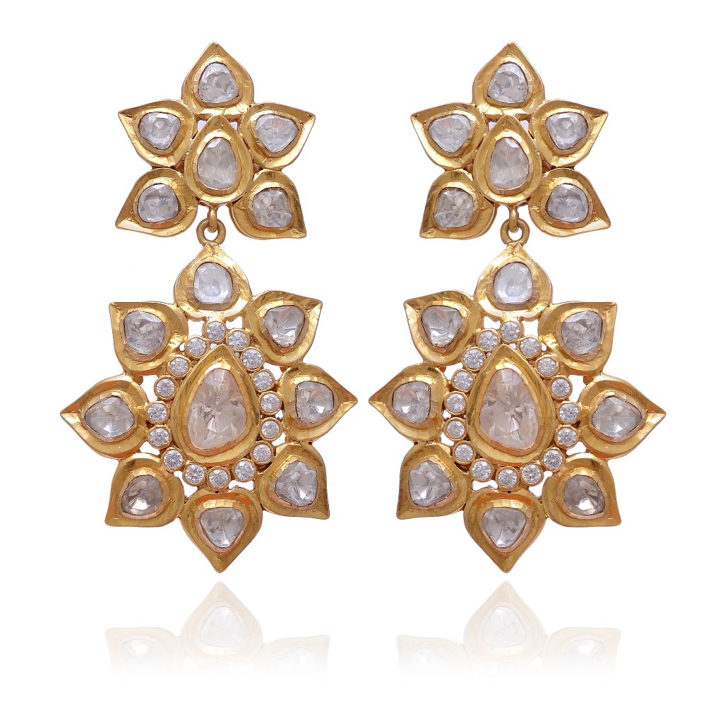 Traditional Gold Plated Moissanite Polki Sterling Silver Dangler Earring