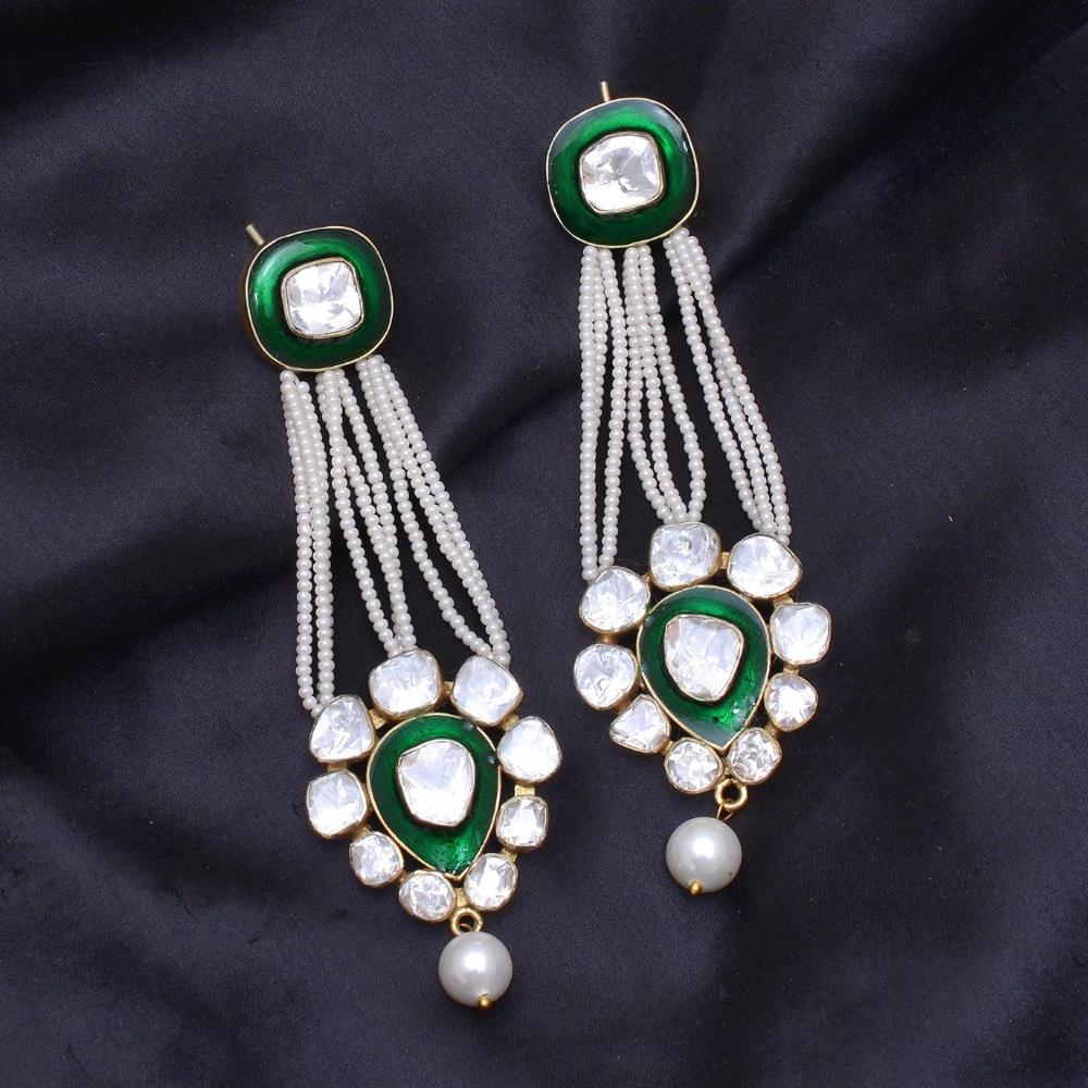 Designer Polki Pearl Dangler Earring In Sterling Silver - 925 Sterling Silver, 26.300 Grams | Mossanite Polki Stones, Intricate Enameling, Heirloom Quality