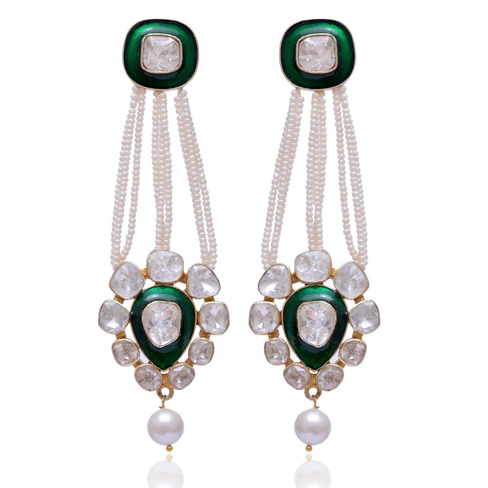 Designer Polki Pearl Dangler Earring In Sterling Silver