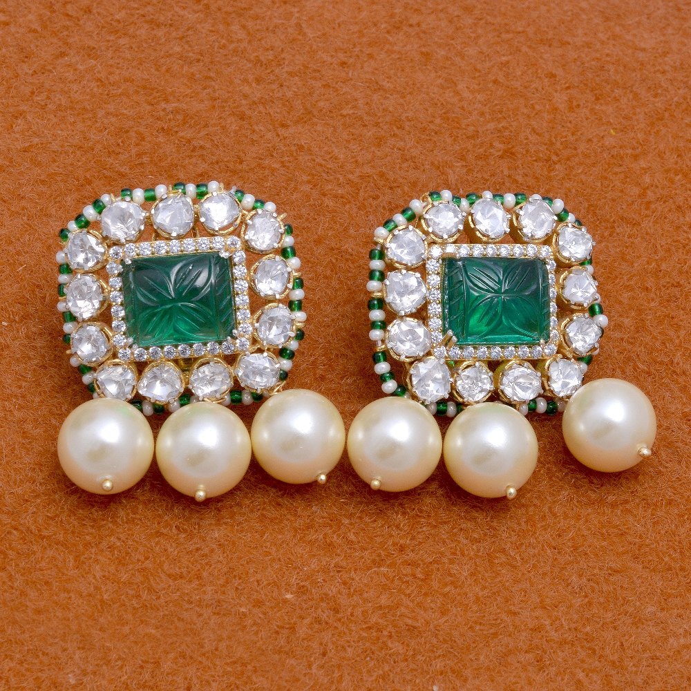 Green Engraved Stone Polki Sterling Silver Stud Earring