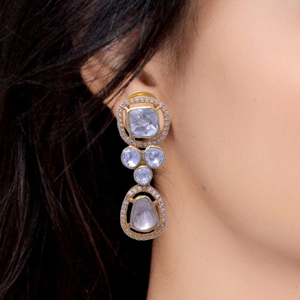 Gold Plated Sterling Silver Earrings with Moissanite Polki  Traditional 2-Inch Design, Handmade in Jaipur