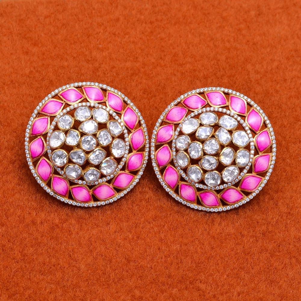 Pink Meena Designer Polki Studs In Sterling Silver