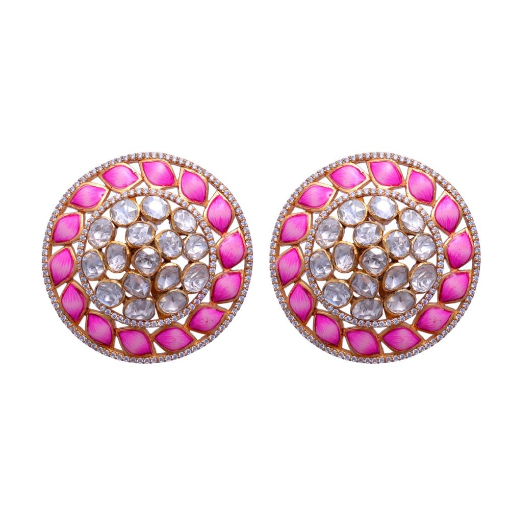 Pink Meena Designer Polki Studs In Sterling Silver