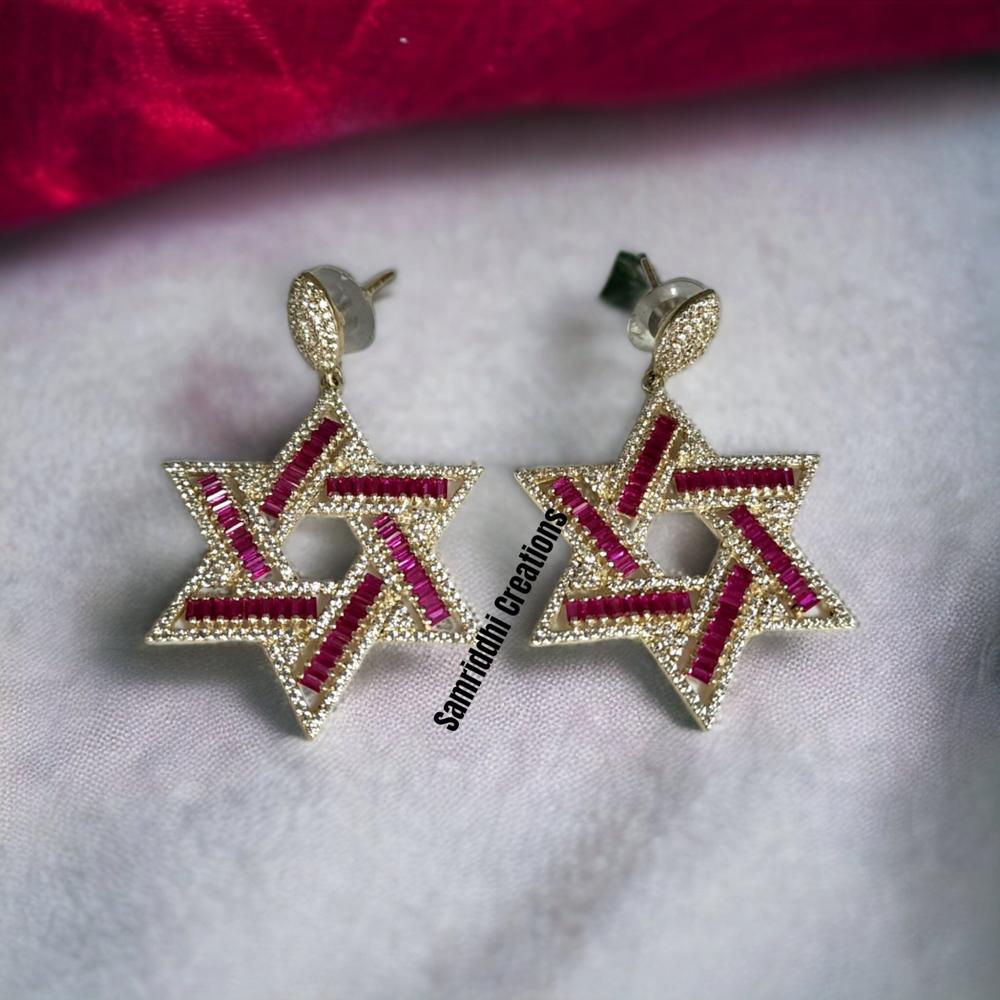 Diamond & Ruby Earrings - 17.500g, 2.20 Inches | Antique Gold Plated Sterling Silver, Brilliant Cz Diamonds, Synthetic Rubies, Statement Design