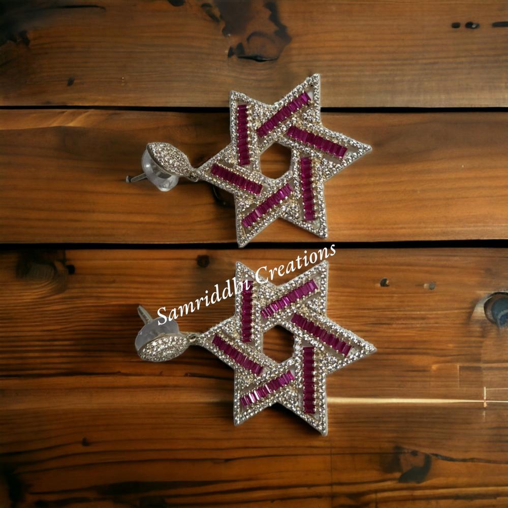 Diamond & Ruby Earrings - 17.500g, 2.20 Inches | Antique Gold Plated Sterling Silver, Brilliant Cz Diamonds, Synthetic Rubies, Statement Design