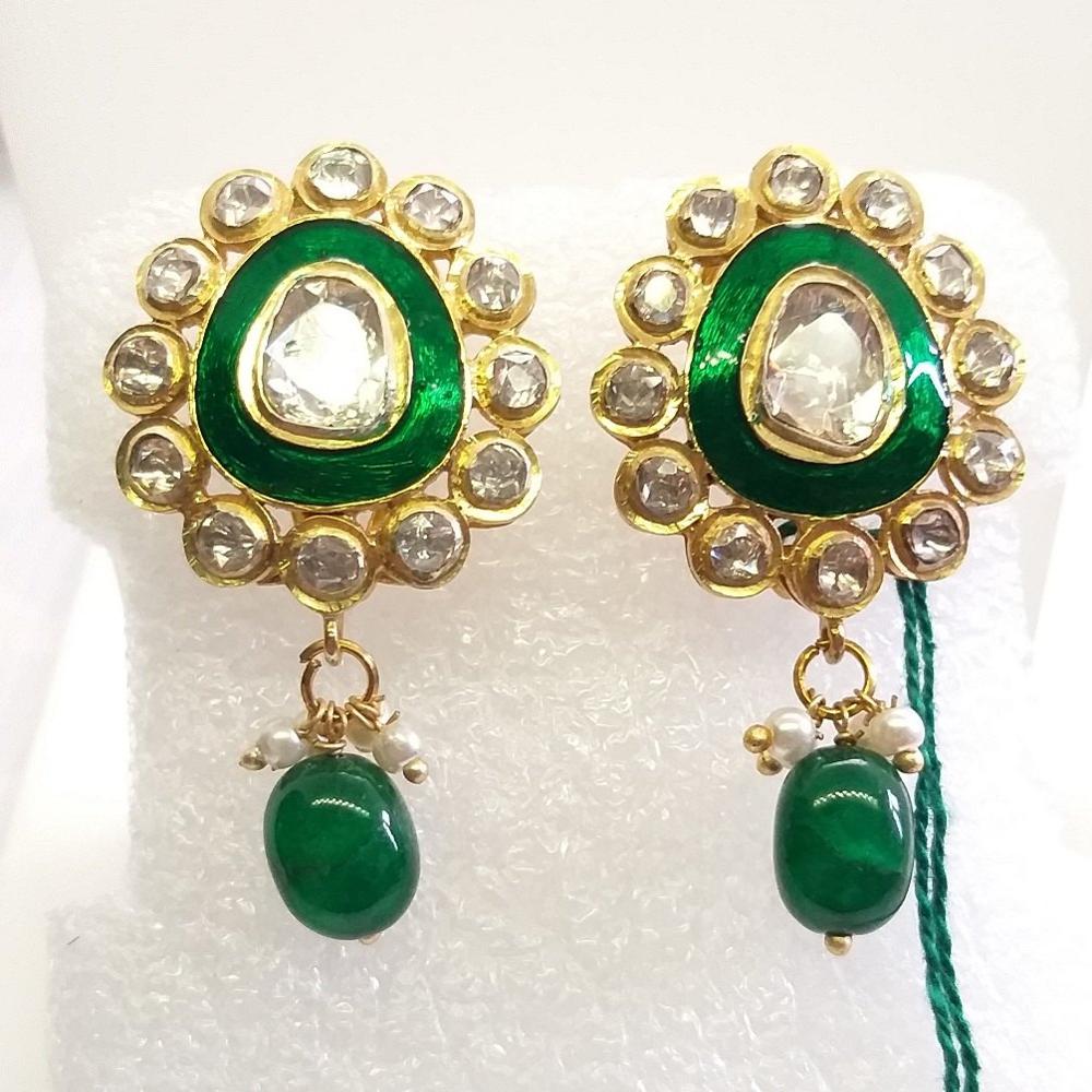 Green Enameled Handmade Moissanite Polki Stud Earring - 1.20 Inches, 22.300g 925 Sterling Silver | Handcrafted Elegance With Vibrant Meena Artistry