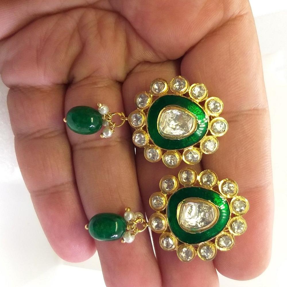 Green Enameled Handmade Moissanite Polki Stud Earring