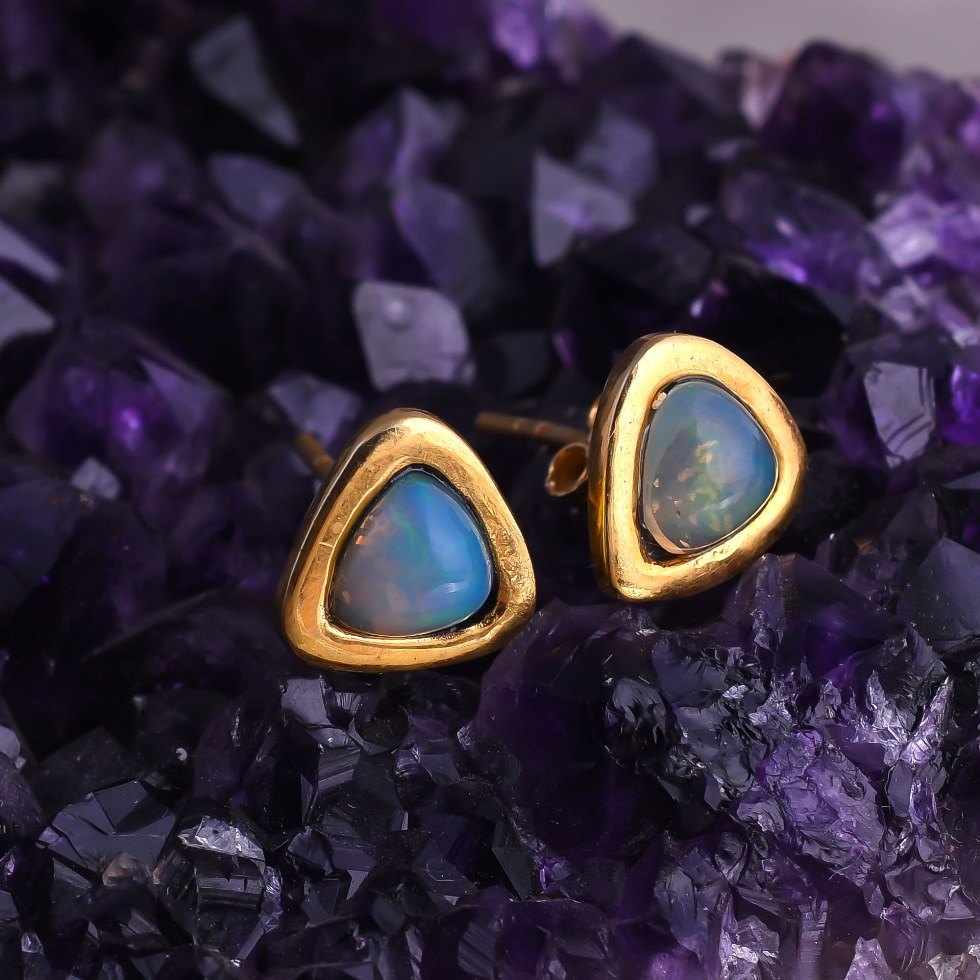 Gold Plated Sterling Silver Fine Opal Trillion Shaped Matt Finish Studs