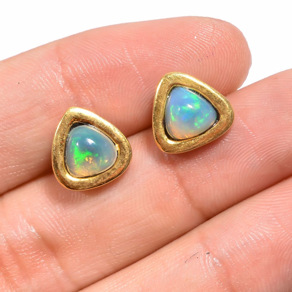 Gold Plated Sterling Silver Fine Opal Trillion Shaped Matt Finish Studs