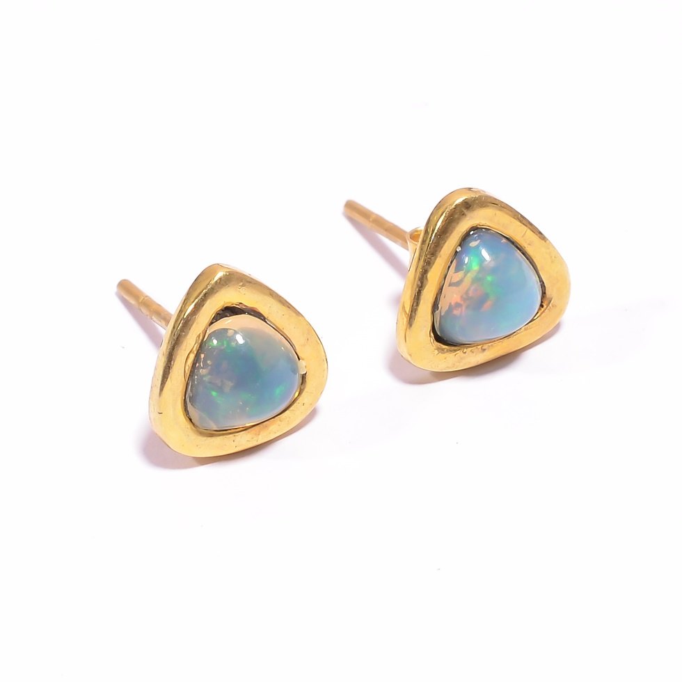 Gold Plated Sterling Silver Fine Opal Trillion Shaped Matt Finish Studs