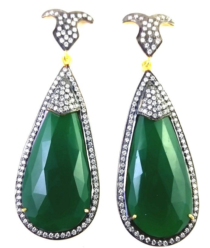 Green Onyx Designer Earring - 10.800g 925 Sterling Silver , 38.80 Carat Pear-shaped Green Onyx With 18k Gold Plating And High-polish Finish