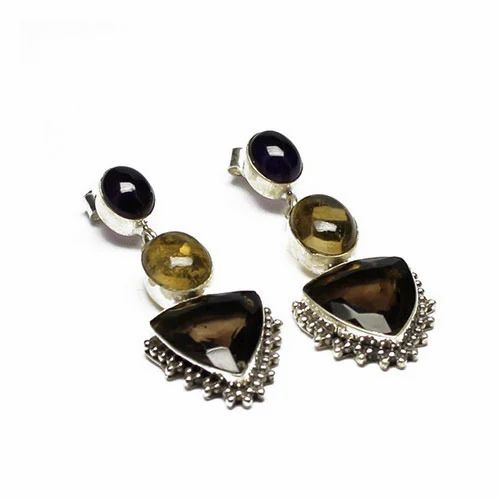 Precious Stone Earrings - Precious Stones: Smoky Quartz, Amethyst, Citrine | Bezel Setting, 13.25g Weight, Vibrant Color Richness, Timeless Elegance