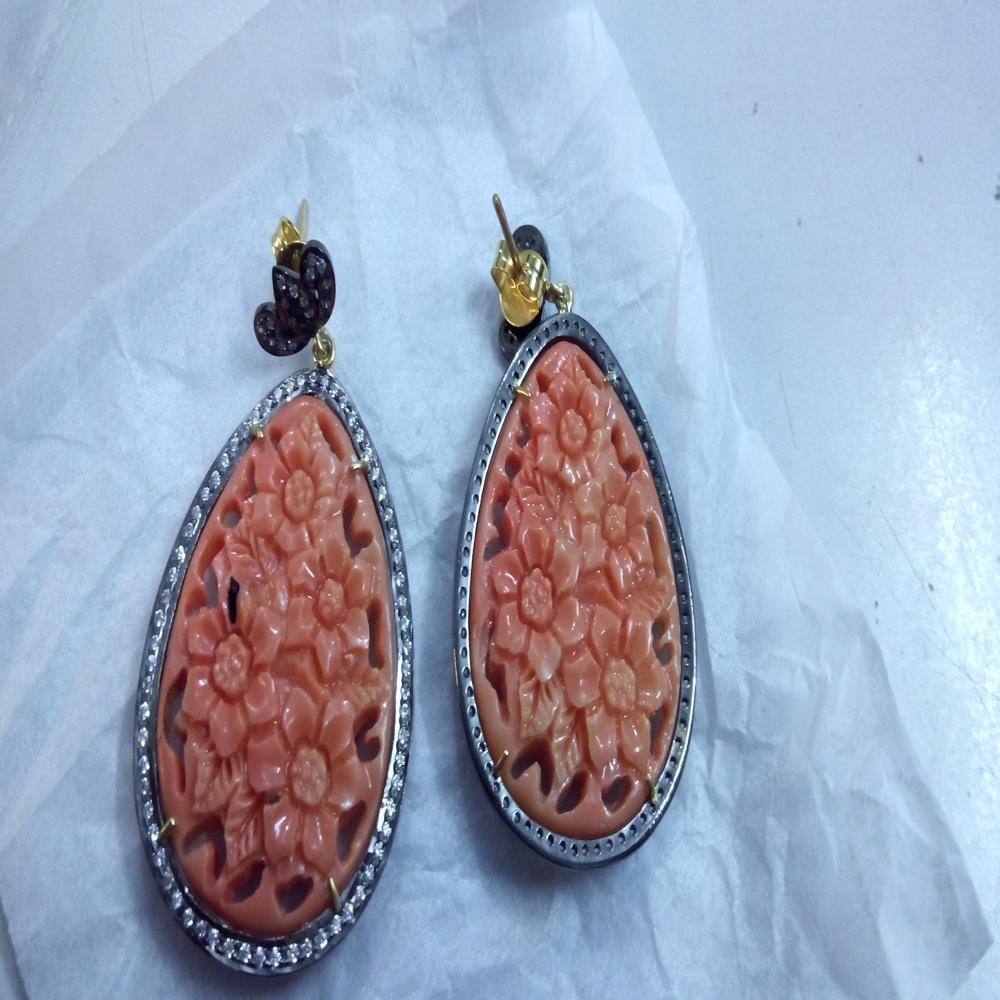 Coral Earring - Sterling Silver, Carved Green Coral , Floral Pattern Design For Versatile Occasions, Customizable For Unique Style