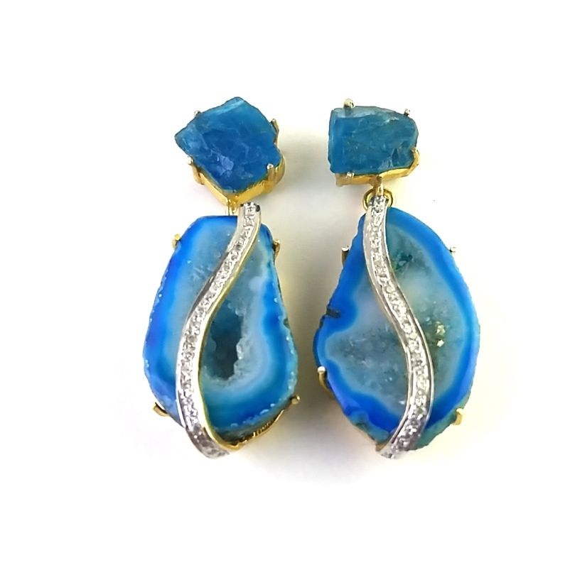 Sliced Stone Earring - 925 Sterling Silver, 1.8 Inches Long | Agate Druzy & Raw Apetite Gemstones, Elegant And Versatile Design