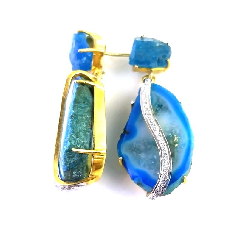 Sliced Stone Earring - 925 Sterling Silver, 1.8 Inches Long | Agate Druzy & Raw Apetite Gemstones, Elegant And Versatile Design