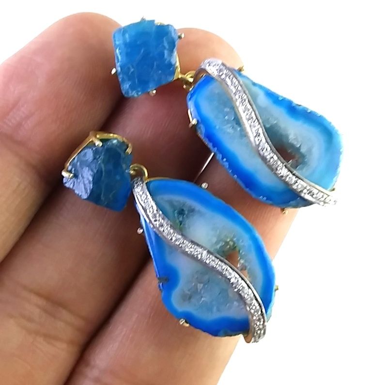 Sliced Stone Earring - 925 Sterling Silver, 1.8 Inches Long | Agate Druzy & Raw Apetite Gemstones, Elegant And Versatile Design